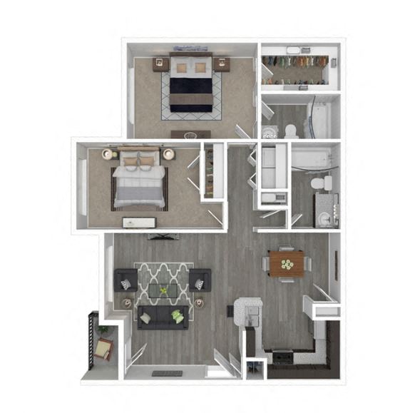 Floor plan for 2 beds, 2 baths, 954 sqft